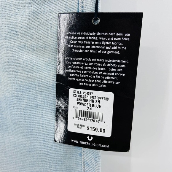 NWT TRUE RELIGION Jennie Curvy High Rise Skinny Light Blue Wash Jeans Size 24 - Picture 10 of 10